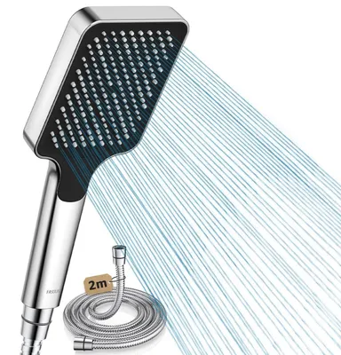 Productafbeelding van Douchekop met slang, 2 meter lang, krachtige regendouche, doorstroomsnelheidsbegrenzer van 9,5 liter per minuut, waterbesparend (40%), zilverkleurig