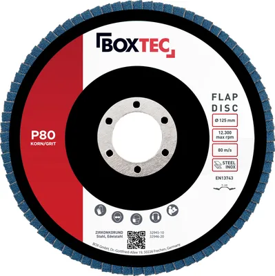Produktbild von BOXTEC Profi-Fächerscheiben BLAU 125mm INOX Lamellenscheiben, Körnung:P80 - 20er Pack