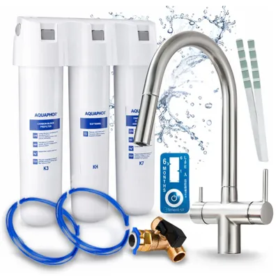 Image de Robinet de cuisine Ari 3 voies, modèle Slender, en acier inoxydable, avec douchette extractible. Livré avec le système de filtration d'eau Aquaphor Kristall H