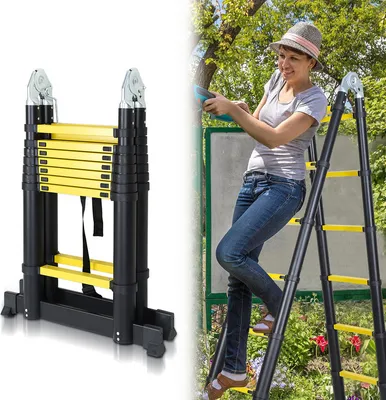 Obrázok produktu pre Fiqops teleskopický rebrík hliníkový rebrík čierny+žltý 2,5+2,5 m skladacie rebríky