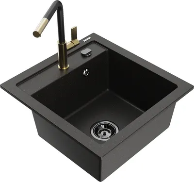 Produktbild von Mexen Vito 1-Becken-Granit-Spüle mit Mischbatterie Flora, Schwarz/Gold metallisch - 6503-75-670401-57-B