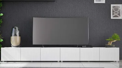 Zdjęcie produktu dla Szafki RTV Stojące KOLDER 2w1 Szerokość 300 cm Biały Mat Ryflowany Front Do Salonu KL-02-BLM