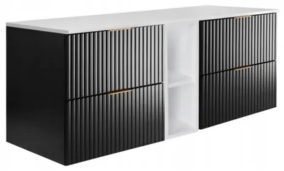 Zdjęcie produktu dla Szafka Łazienkowa Wisząca Czarna Regał Blat Biały 140X46Cm Flisan Ryflowana