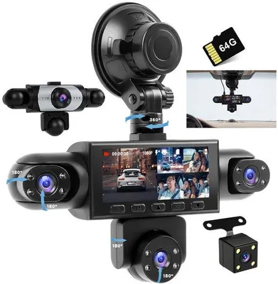 Productafbeelding van 5-kanaals dashcam auto voor achter 1080P, dashcam auto met 64 GB SD-kaart, 3,2 inch IPS-scherm, groothoek, nachtzicht IR, G-sensor, dashcam autocamera met lusopname