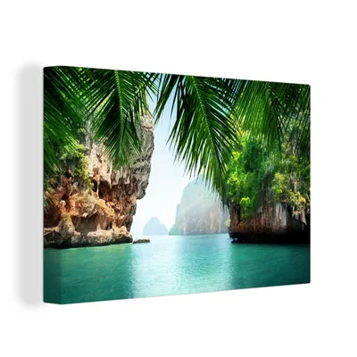 Produktbild von OneMillionCanvasses® - Leinwandbilder - 150x100 cm, Meer - Palme - Berg - Tropisch, Wandbilder Kunstdruck Wanddekoration