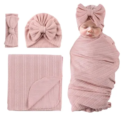 Imagen del producto de Manta envolvente para bebé, color rosa oscuro, con gorrito y diadema, saco de dormir para niña, juego de 3 piezas, para recién nacidos