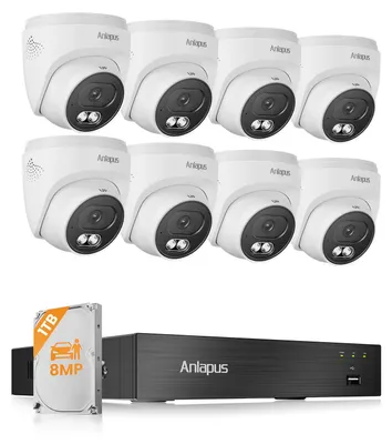 Produktbild von Anlapus 8MP 4K Überwachungskamera Set mit 8CH 1TB DVR, 8x BNC Domekameras mit Audioaufnahme, KI-Personen- und Fahrzeugerkennung, IP66, 24m Nachtsicht