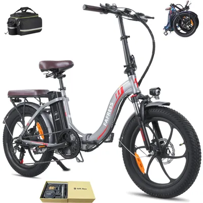A studio shot of a folding electric bicycle with accessories.