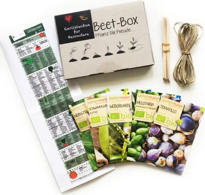 Produktbild von Beet Box - Raritätenbox für Besondere - Saatgut Set inklusive Pflanzkalender und Zubehör - Geschenkidee für Hobbygärtner