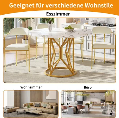 Immagine prodotto di Tavolo rotondo OKWISH - Con piano in MDF effetto marmo e gambe geometriche in metallo, 100 x 100 x 76 cm - Bianco e oro