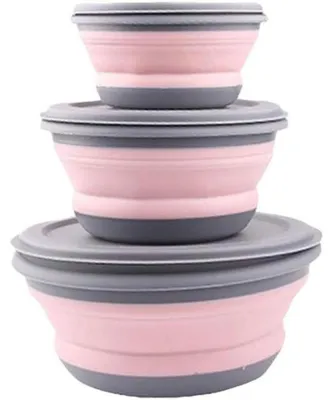 Immagine prodotto di Ciotole pieghevoli con coperchio, set da 3, rosa, in silicone, pieghevoli, salvaspazio