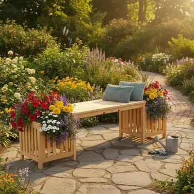 Image de Banc en bois pour terrasse, pour 2 personnes, avec jardinière intégrée