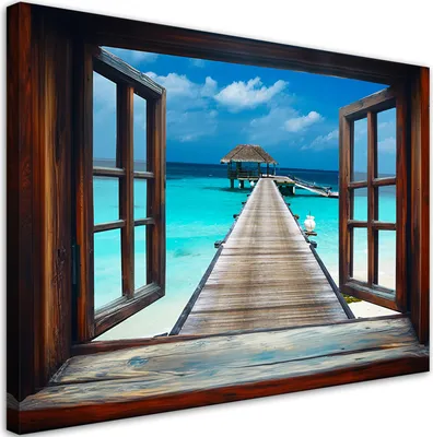 Immagine prodotto di Quadro su tela Vista dalla finestra Mare Molo Tropicale 100x70 Feeby Braun quadro per la parete pronto per essere appeso