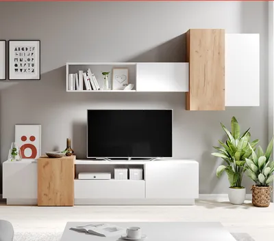 Produktbild von Wohnwand 3D TV-Schrank + Hängeregal weiß matt / eiche craft gold