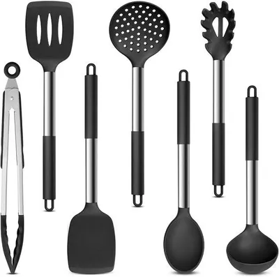 Produktbild von Unyqoos® 7‑teiliges Silikon-Küchenhelfer-Set, hitzebeständig bis 230°C, lebensmittelsicher, ergonomische Edelstahlgriffe, spülmaschinenfest