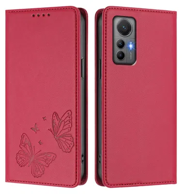 Produktbild von Lederhülle für Xiaomi 12 Lite, Schmetterling Prägung Leder Brieftasche Schutzhülle mit Ständer Rot