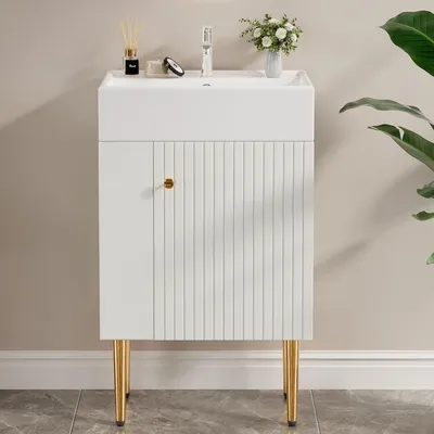 Immagine prodotto di Lavabo con mobile sottolavabo da 55 cm, mobili da bagno bianchi in MDF con vani portaoggetti laterali, ideali per bagni piccoli