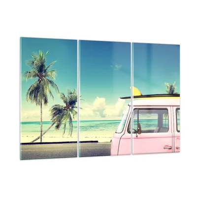 Produktbild von Bilder auf glas - Auto Surfbrett Strand Ozean - 165x110cm - Glasbilder - Wandbilder - Kunstdruck - zum Aufhängen bereit - Wanddekoration aus Glas - Glas Bilder - Wandbild auf Glas - GCE165x110-2835