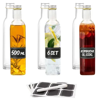 Produktbild von 6 Glasflaschen Mit Verschluss 500 ml quadratisch-6 Etiketten mit Bleistift-etiketten