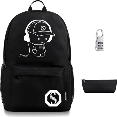 Produktbild von Leuchtender Rucksack mit USB-Ladeanschluss, Diebstahlsicherung und Federmäppchen, Schulrucksack für Jungen und Mädchen im Teenageralter, leichte Laptoptasche, schwarz