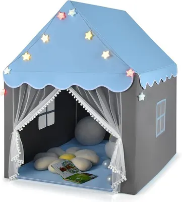 Imagen del producto de Tienda infantil Silecomplaza para interior, casita de juegos con alfombra, luces tipo estrellas, ventanas y cortina doble, tienda de juegos para niños, castillo de princesa para niñas y niños (azul, luces de colores)