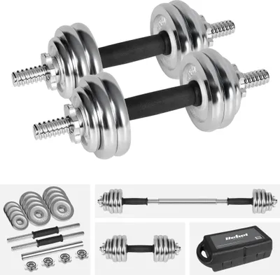 Produktbild von REBEL ACTIVE Verchromte verstellbare Hanteln im Koffer 15 kg mit Langhantel