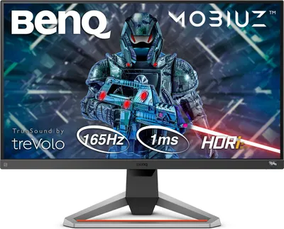 A BenQ MOBIUZ gaming monitor displaying a futuristic warrior with a weapon.