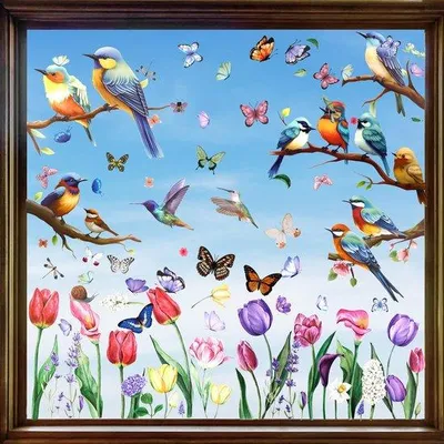 Produktbild von Selbstklebende Fensterdekor mit Blumen und Vögeln