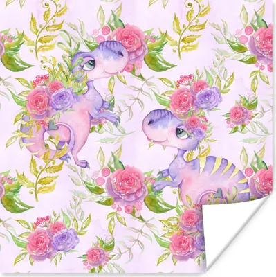 Produktbild von MuchoWow® Poster Kinderzimmer - Lila - Dinosaurier - Mädchen - Kinder - Rosa 50x50 cm - Wohnzimmerdekoration