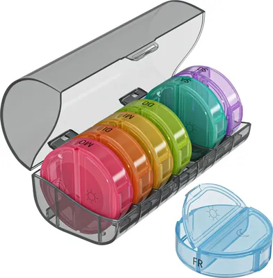 Produktbild von WELLGRO runde Tablettenbox für 7 Tage - Pillendose bunt 2 Fächer pro Tag - Klappdeckel mit Druckverschluss - BPA-freier Kunststoff - Farbe wählbar