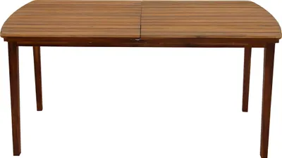 A wooden dining table with a slatted top and curved edges, shown from the front on a white background.