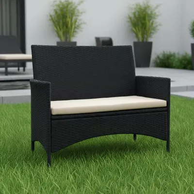 Obrázok produktu pre Mucola záhradná lavička sedadlo ratanová lavička polyrattan čierny vankúš sedadla béžový poťah lavička park lavička záhradný nábytok záhradné poly ratanové vankúše