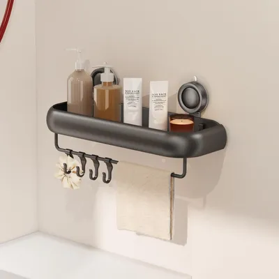 Image de Étagère de douche à ventouse, sans perçage, avec crochets et porte-serviette, couleur grise, 1 pièce