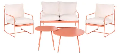 Produktbild von BELIANI Gartenlounge Set Korallenrot aus Metall 4-Sitzer Gartensofa 2 Gartensessel mit 2 Couchtischen Modernes Design Loungemöbel Gartenmöbel
