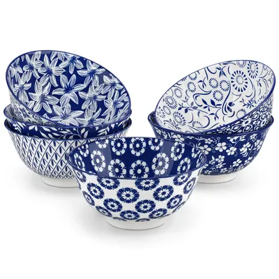 Produktbild von vancasso Schalen Set, Pastaschalen für 6 Personen, Blau und Weiß Porzellan, Salatschüssel, für Ramen, Dessert, Suppen, Müsli, Pasta
