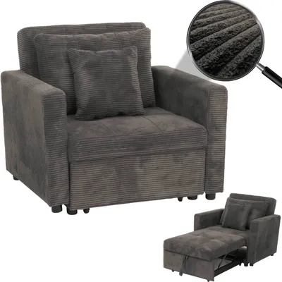 A dark gray corduroy armchair that can be converted into a bed, shown in both its armchair and bed form. A close-up of the fabric texture is also visible.