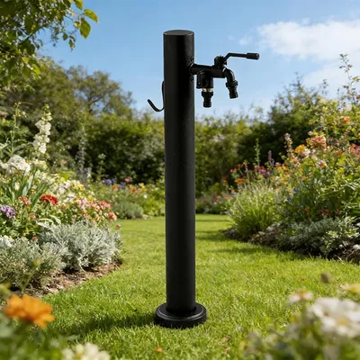 Productafbeelding van Roestvrijstalen waterkolom voor buiten met dubbele kraan en sproeipistool, decoratieve tuinfontein voor gazons, irrigatie en reiniging - 60x60x12cm (23,6x23,6x4,7in)