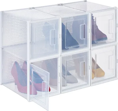 Produktbild von Relaxdays Schuhboxen 6er Set, für High Heels, Schuhorganizer stapelbar, bis Größe 42, Lüftungsschlitze, transparent/weiß