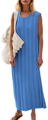 Produktbild von Ärmelloses Sommer-Maxikleid für Damen mit Rundhalsausschnitt und geripptem Stricktop