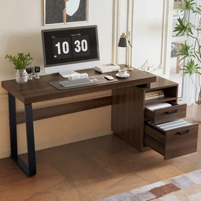Zdjęcie produktu dla Nowoczesne minimalistyczne biurko z blatem z płyty MDF i solidną stalową ramą, wielofunkcyjną przestrzenią do przechowywania i cichą szufladą, 135 x 54 cm.