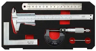 4-teiliges Messwerkzeug-Set: Messschieber, Mikrometer, Winkel, Lineal