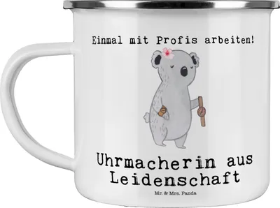 Produktbild von Mr. & Mrs. Panda Emaille Tasse Uhrmacherin Leidenschaft - Weiß - Geschenk, wanderbecher, Haferl, Teetasse, emaillebecher, Pott