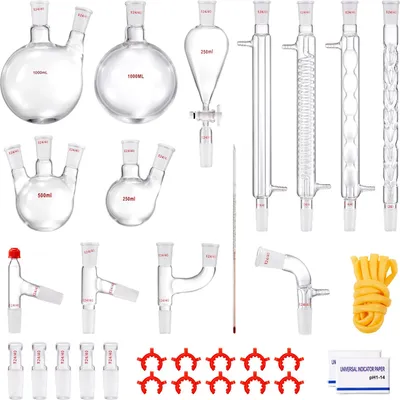 A collection of laboratory glassware and accessories arranged on a white background.