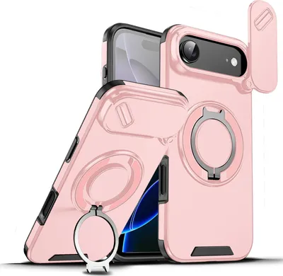 Image de Étui double couche pour iPhone Air, avec couvercle coulissant pour l'appareil photo et support magnétique en forme d'anneau Rose