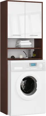 A tall cabinet with two white doors on top, open shelves in the middle, and a washing machine below.
