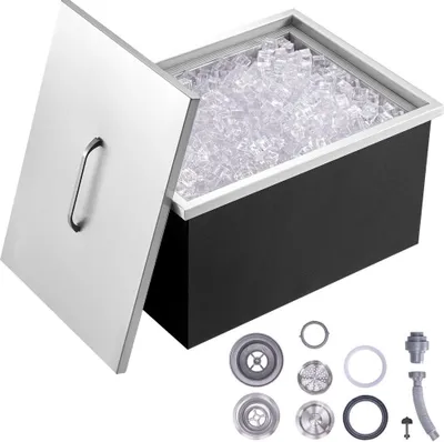 Zdjęcie produktu dla Wsuwany pojemnik na lód™ - Chłodziarka na lód ze stali nierdzewnej o pojemności 30,25 l, 508 x 355 x 308 mm - Komercyjny pojemnik na lód z pokrywą - Wbudowany schowek na lód - Rura spustowa i korek spustowy w zestawie.