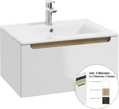 Produktbild von Waschtischunterschrank mit Waschbecken SOFIA-107 in Hochglanz weiß lackiert, B/H/T: ca. 60/31,5/46 cm
