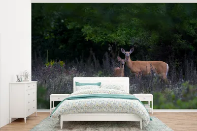 Produktbild von MuchoWow® Fototapete für Wohnzimmer oder Schlafzimmer Wandtapete Vinyl Motivtapete Hirsche - Blumen - Kalb - Wald - 345x220 cm - Wohnzimmertapete