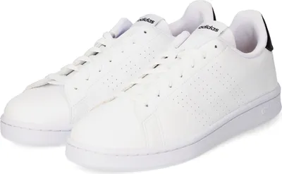 A pair of white Adidas Advantage sneakers are shown from a slightly elevated side angle against a white background.