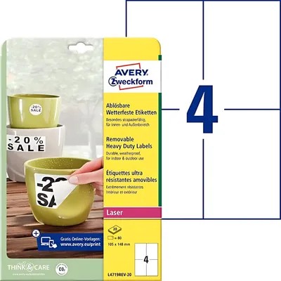Productafbeelding van AVERY Zweckform L4719REV-20: Waterbestendige etiketten van AVERY Zweckform, formaat 105x148 mm, verwijderbaar